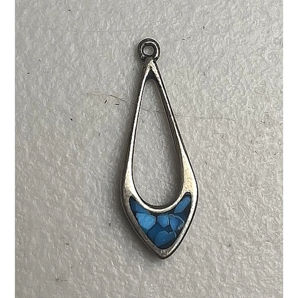 Vintage Teardrop Sterling Silver Turquoise Style Inlay Dangle Earrings NO HOOK
